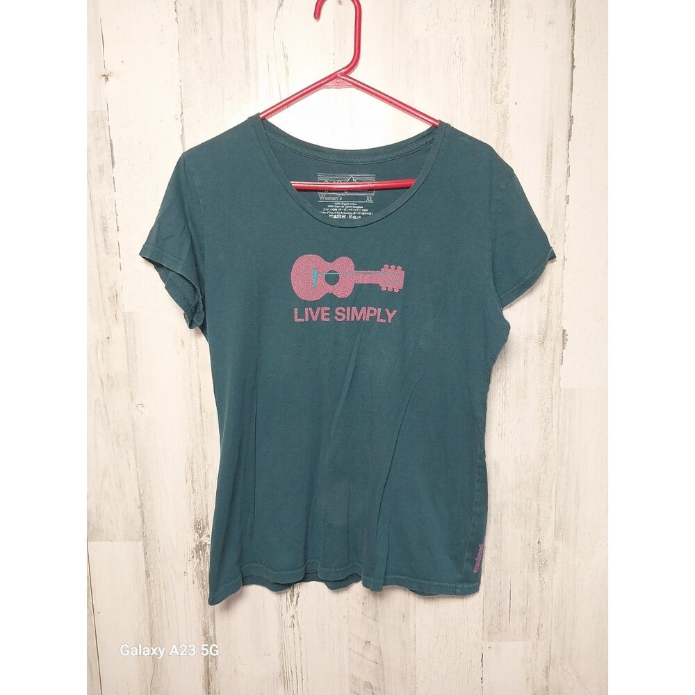 Patagonia Teal Short Sleeve Tee with Pink Guitar Graphic